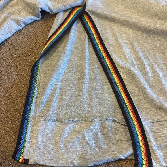 Terez Women’s Grey Zip-up Hooded Sweatshirt with Rainbow Stitched Side Slits - Picture 6 of 8